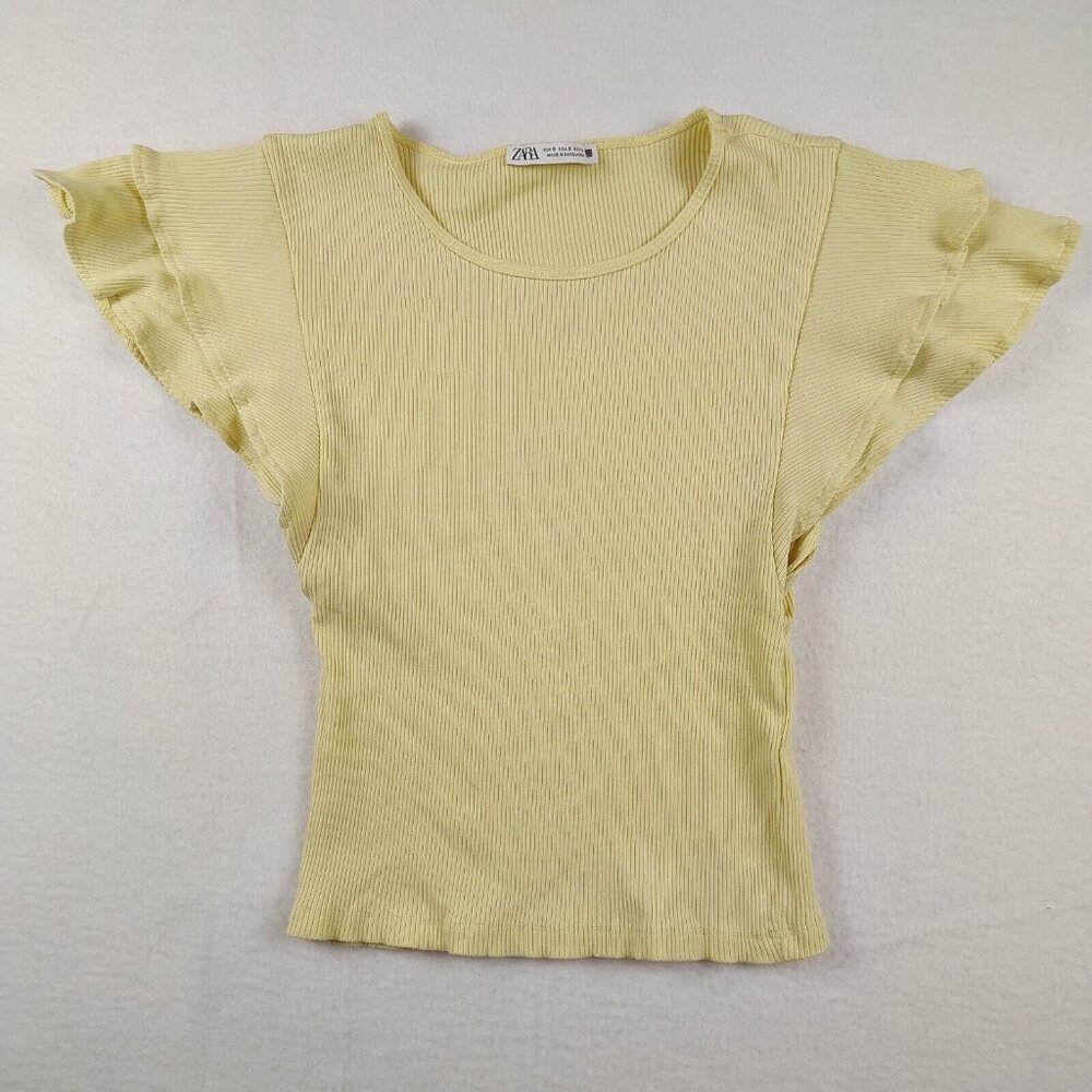 Zara Yellow Ruffle Sleeve Crop Top Shirt Sz Small